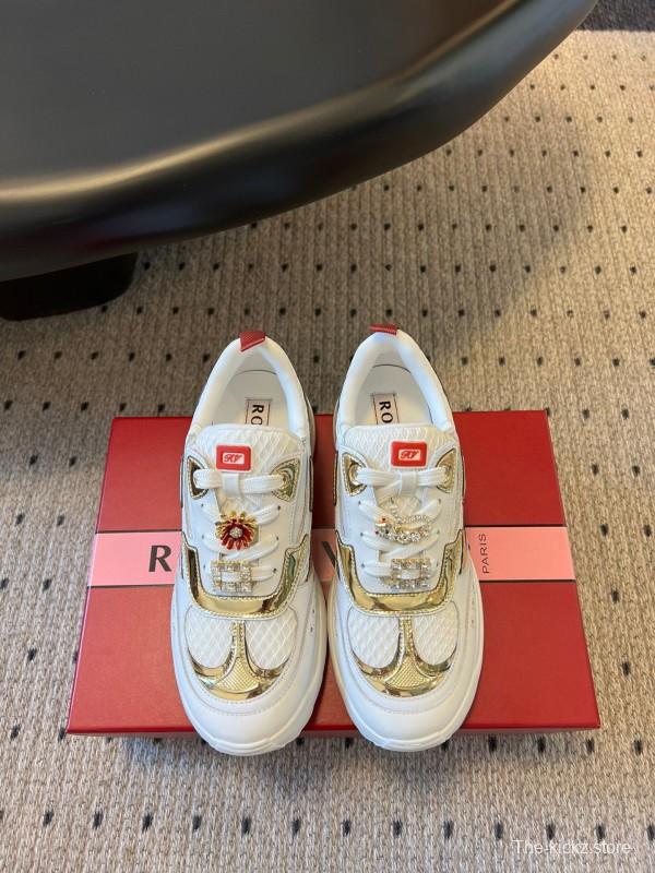2025 Women Roger Vivier White Gold Leather Mesh Sneakers KFY00380