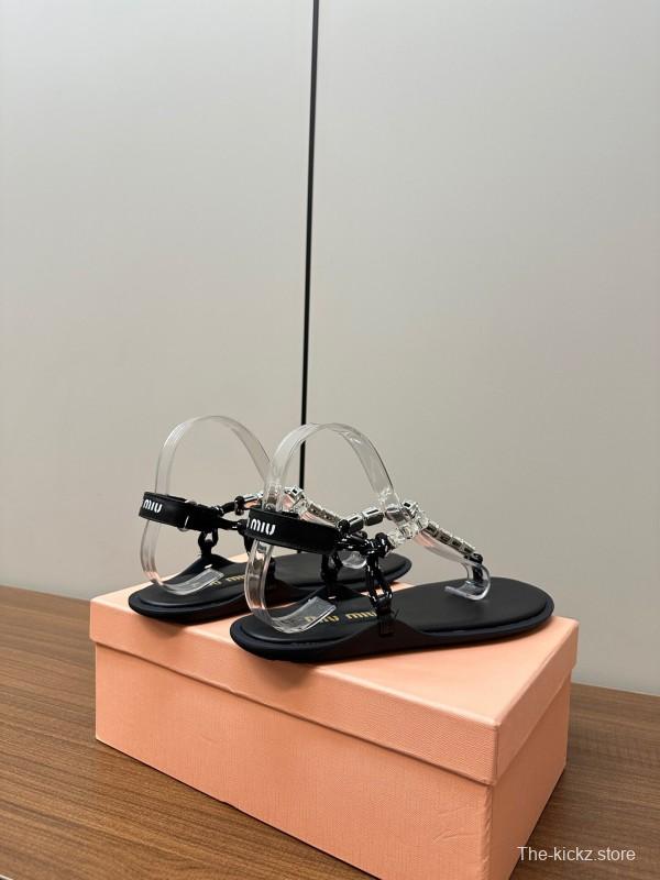 2025 Women Miu Miu Black Leather Rhinestone Sandals LY