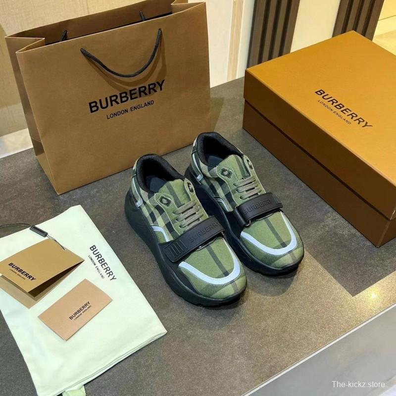 2025 Unisex Burberry Green Black Cotton Calfskin Suede Sneakers MJ00360(W)