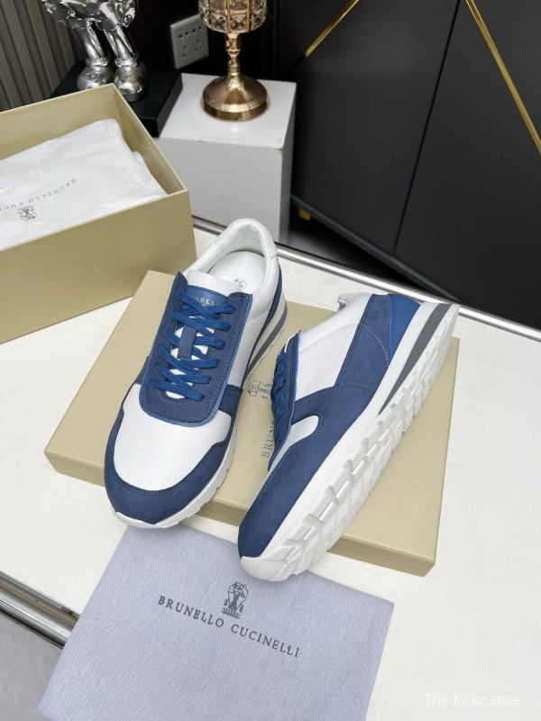 2024 Men Brunello Cucinelli Blue White Suede Calfskin Sneakers MJ00360