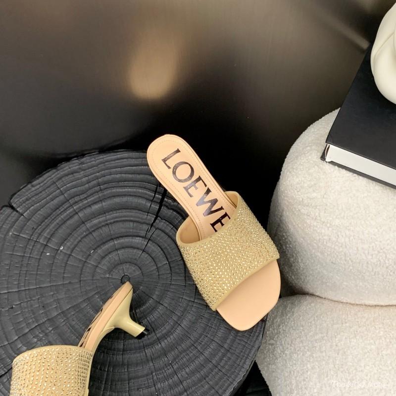 2025 Women Loewe Beige Rhinestone Leather Slippers LY00240