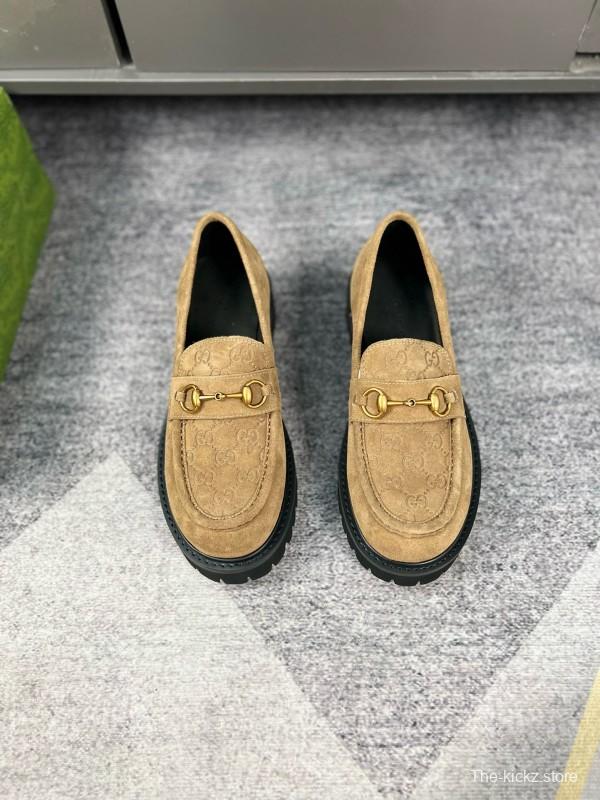 2024 Women Gucci Beige Suede Leather Loafers MJ00300