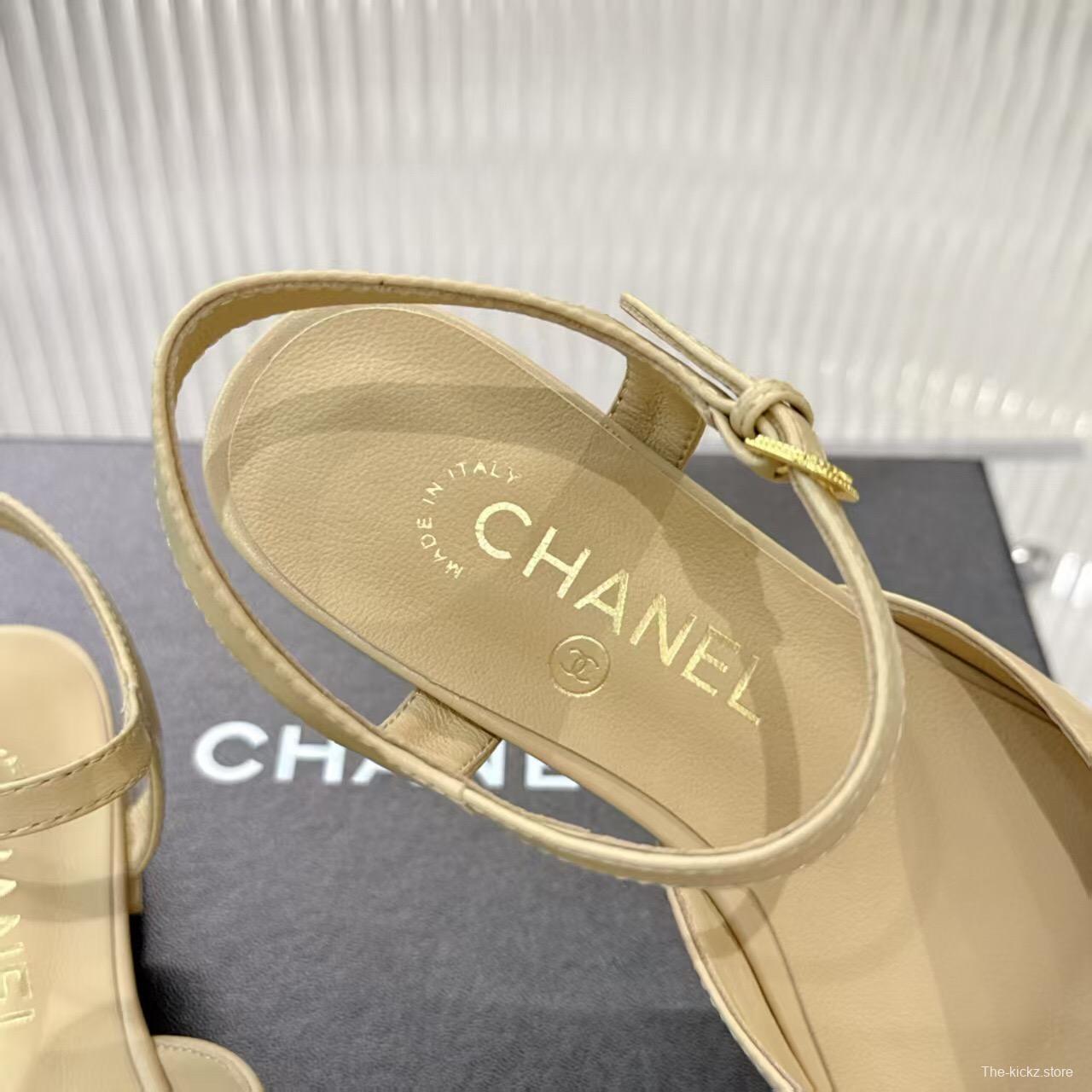 2025 Women Chanel Beige Black Leather Slingback Flat Sandals LY00260