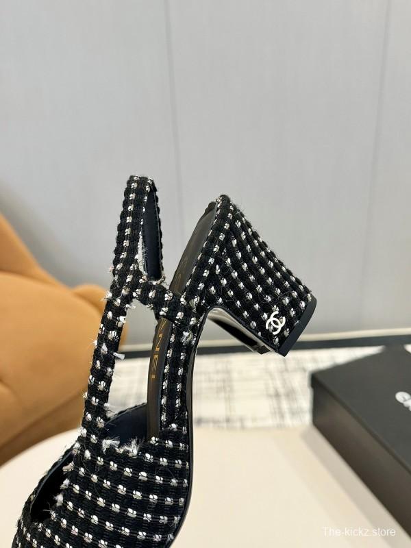 2025 Women Chanel Black White Fabric Slingback Heels LY00240