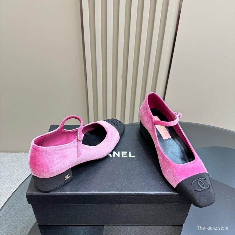 2025 Women Chanel Pink Black Velvet Mary Jane Shoes