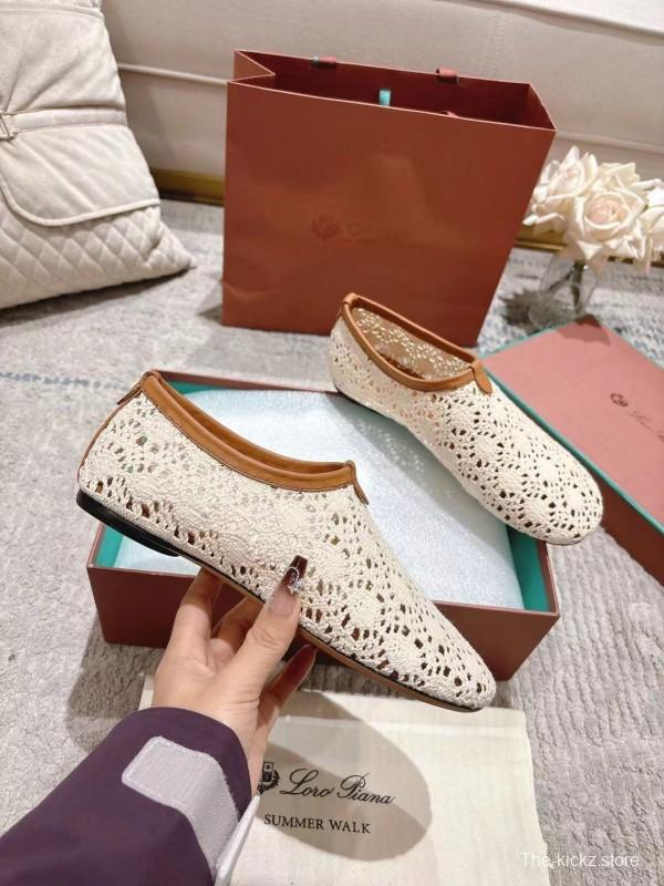 2025 Women LP Beige Brown Leather Crochet Ballet Flats