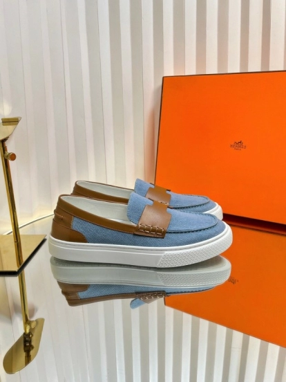 2025 Women Hermès Blue Brown Leather Canvas Loafer LY00310