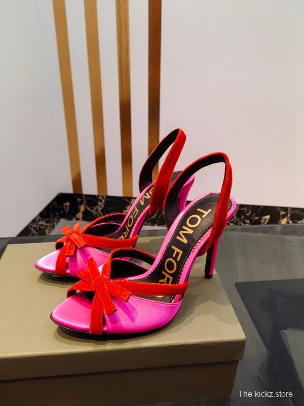 2025 Women TOM FORD Pink Red Velvet Silk High Heel Open Back Sandals