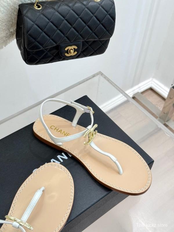 2025 Women Chanel White Leather Sandals KFY00290