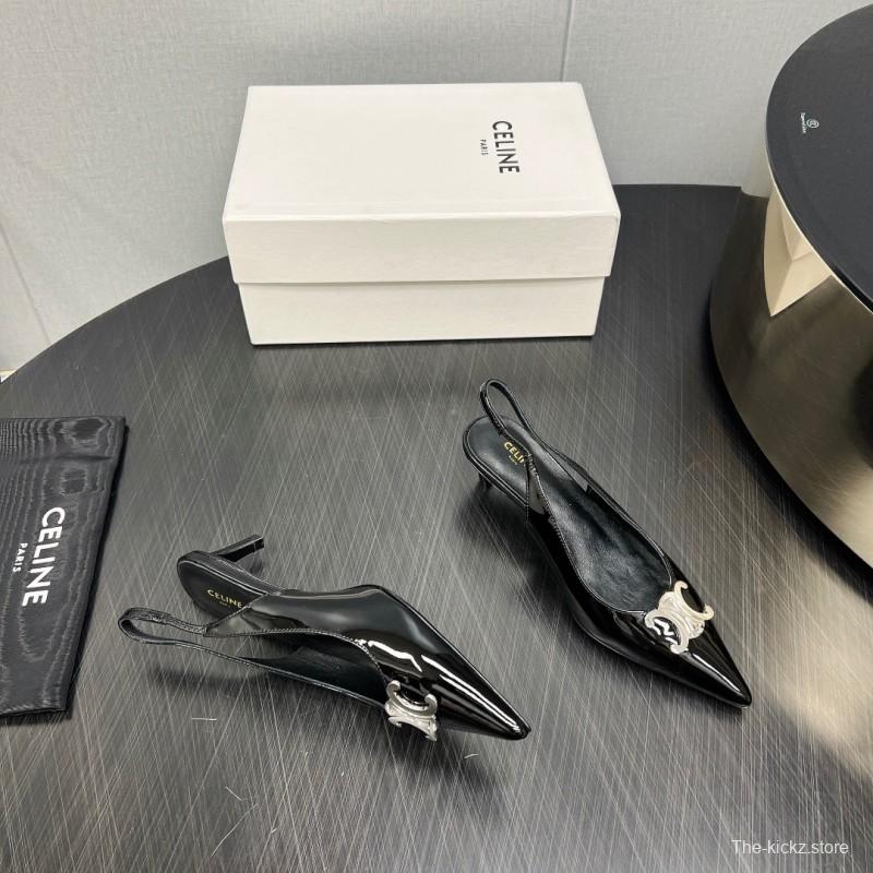 2025 Women Celine Black Patent Leather Slingback Heels KFY00290