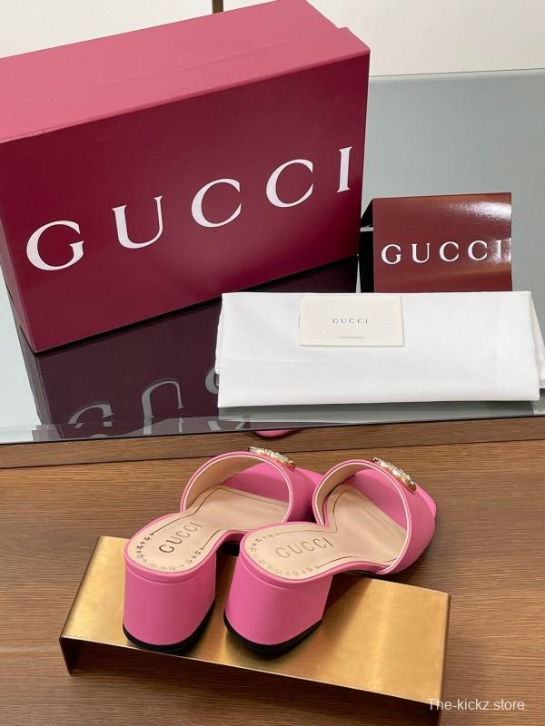 2025 Women Gucci Pink Lambskin Mid Heel Crystal GG Buckle Slide LY00280