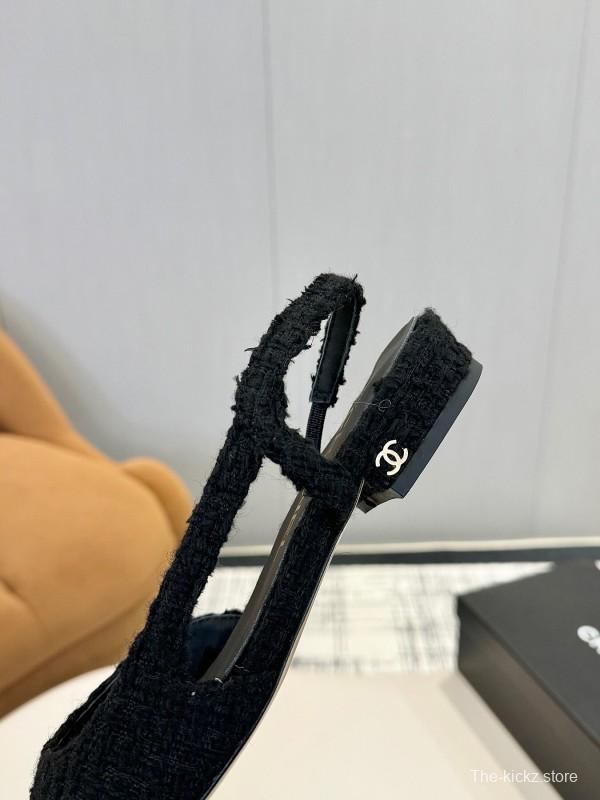 2025 Women Chanel Black Leather Bouclé Ballet Flats LY00240