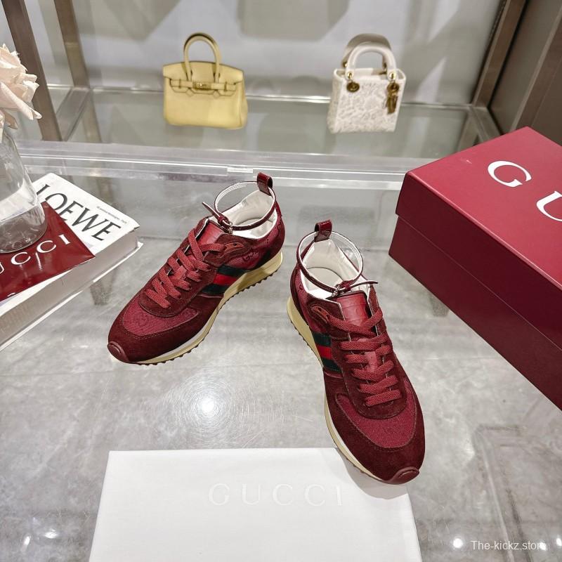2025 Women Gucci Burgundy Red Suede Fabric Sneakers LY00340