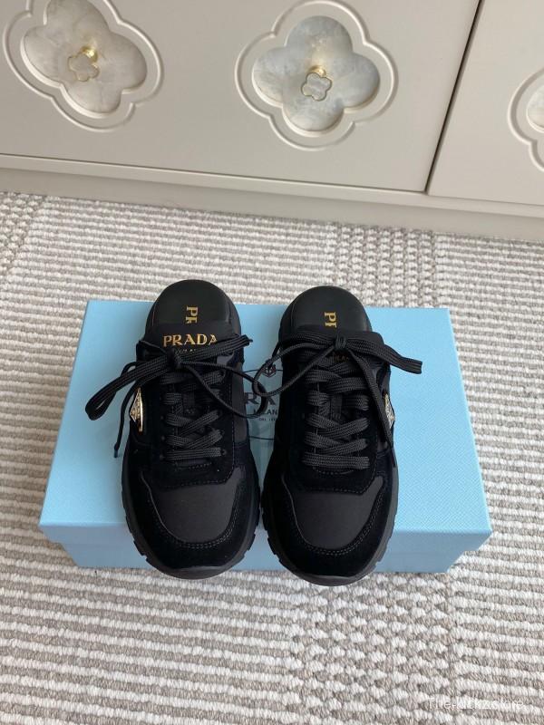 2025 Women Prada Black Nylon Leather Sneakers LY00290
