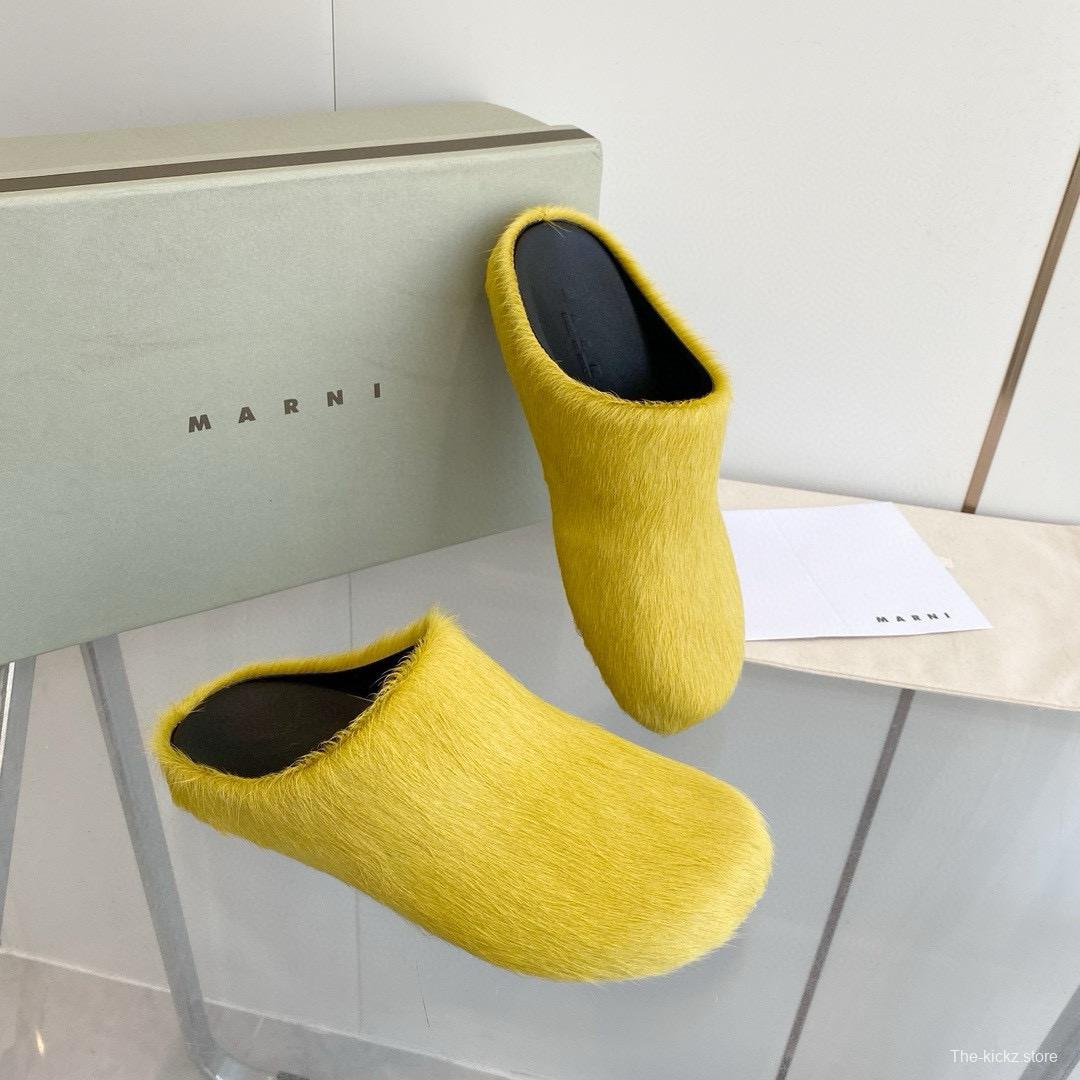 2024 Unisex Marni Yellow Horsehair Leather Mules MJ00320