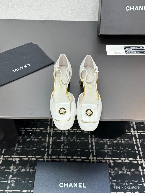 2025 Women Chanel White Leather Chunky Heel Metal Decoration LY00360