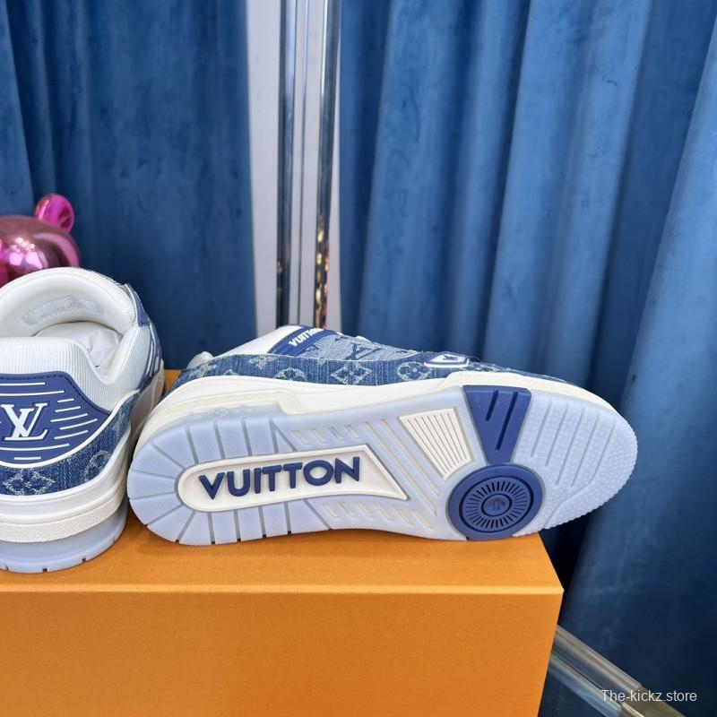 2025 Men Louis Vuitton Blue White Denim Leather LV Trainer