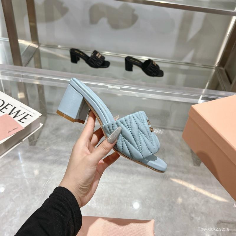 2025 Women Miumiu Light Blue Sheepskin Heeled Sandals