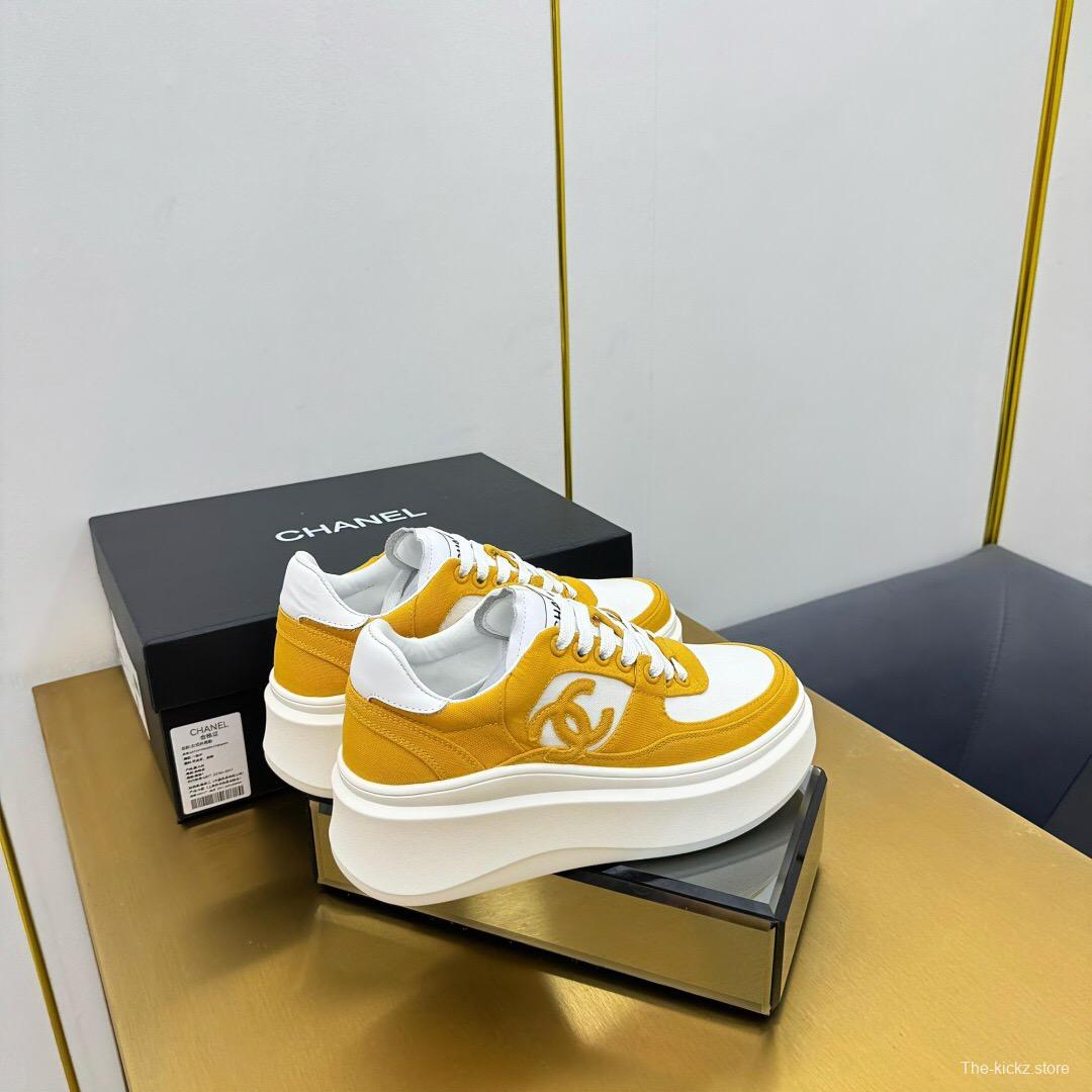 2025 Women Chanel Yellow White Canvas Leather Platform Sneakers
