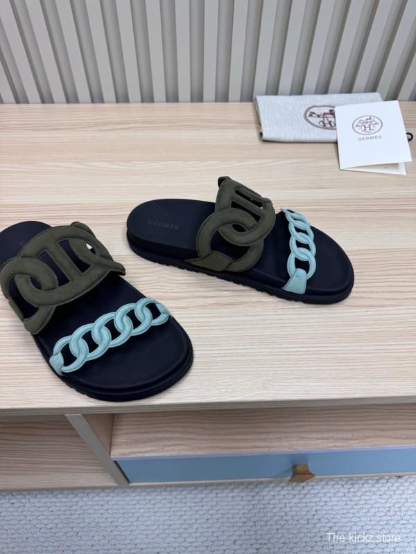 2025 Women Hermès Black Light Blue Leather Slippers