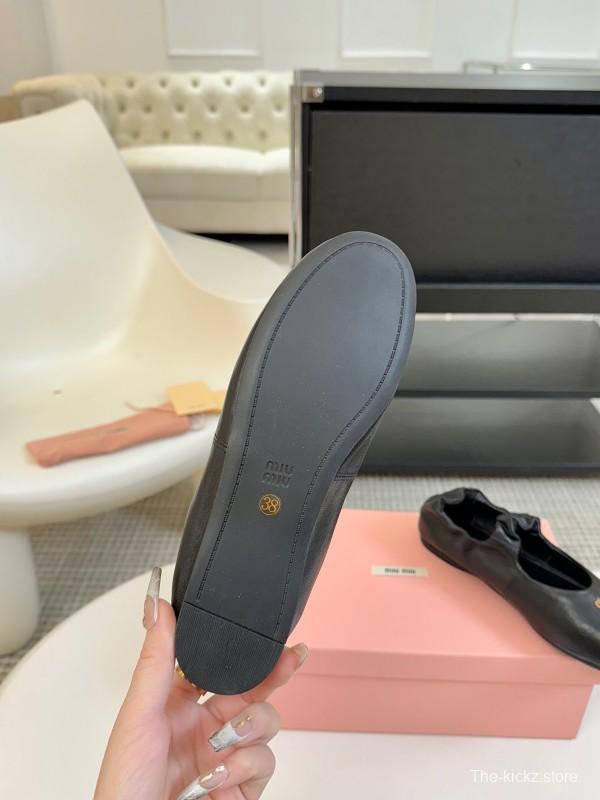 2025 Women Miu Miu Black Leather Ballet Flats