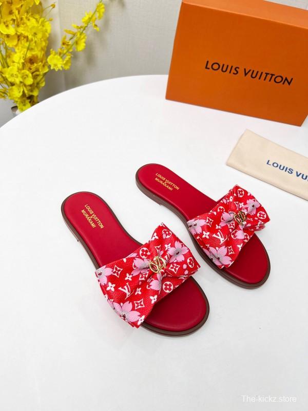 2025 Women Louis Vuitton Red White Canvas Slippers LY00190