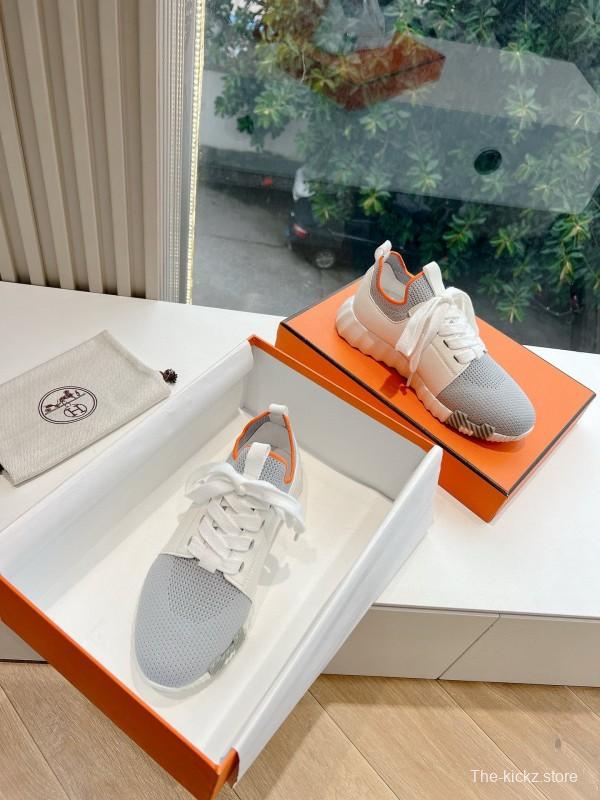 2024 Unisex Hermès Gray White Orange Calf Leather Suede Knit Sneakers MJ00290