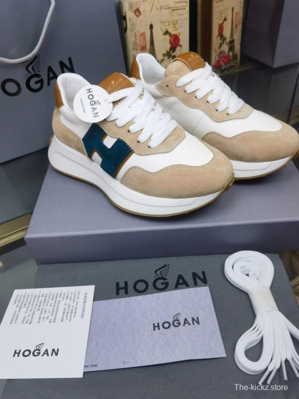 2025 Unisex HOGAN White Beige Blue Leather Suede Platform Sneakers H-STRIPES LY00360(F)/LY00370(M)