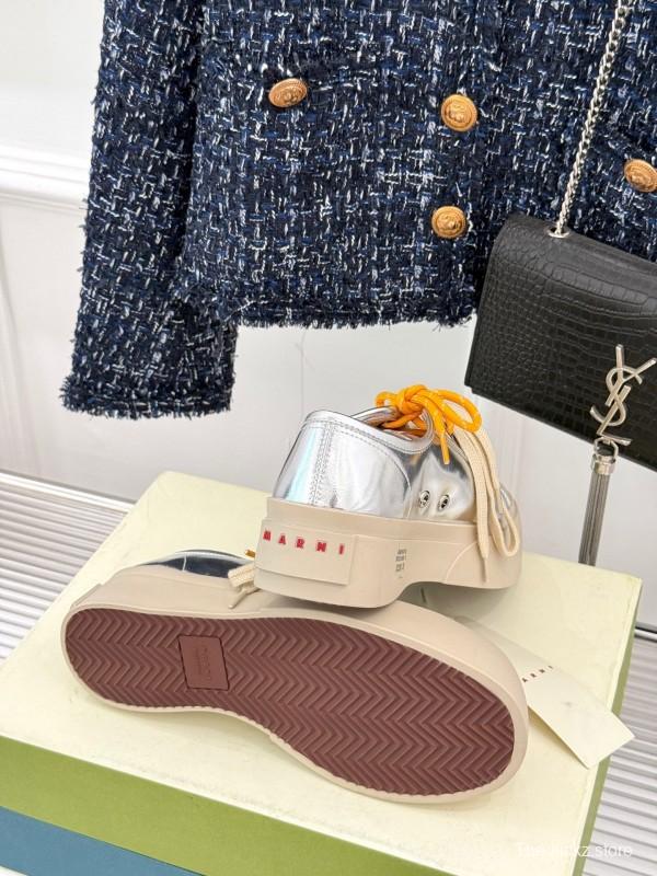 2025 Women Marni Silver Leather Thick Sole Retro Style Platform Sneakers LY00360(F)