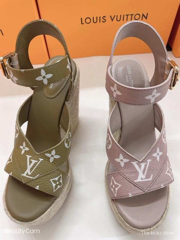 2025 Women Louis Vuitton Brown Beige Canvas Leather Wedge Sandals MJ00280