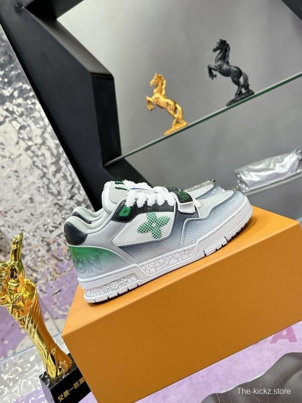 2024 Unisex Louis Vuitton Green White Leather Fabric Plimsolls Waxed Distressed Washed MJ00500