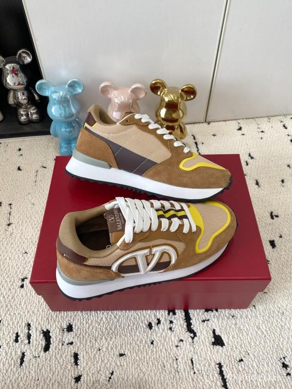 2025 Unisex Valentino Beige Brown Yellow Suede Silk Cow Leather Sneakers LY00340