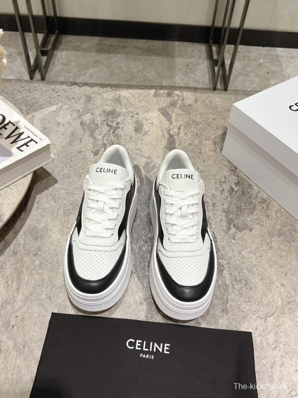 2025 Women Celine Black White Leather Platform Sneakers KFY00330