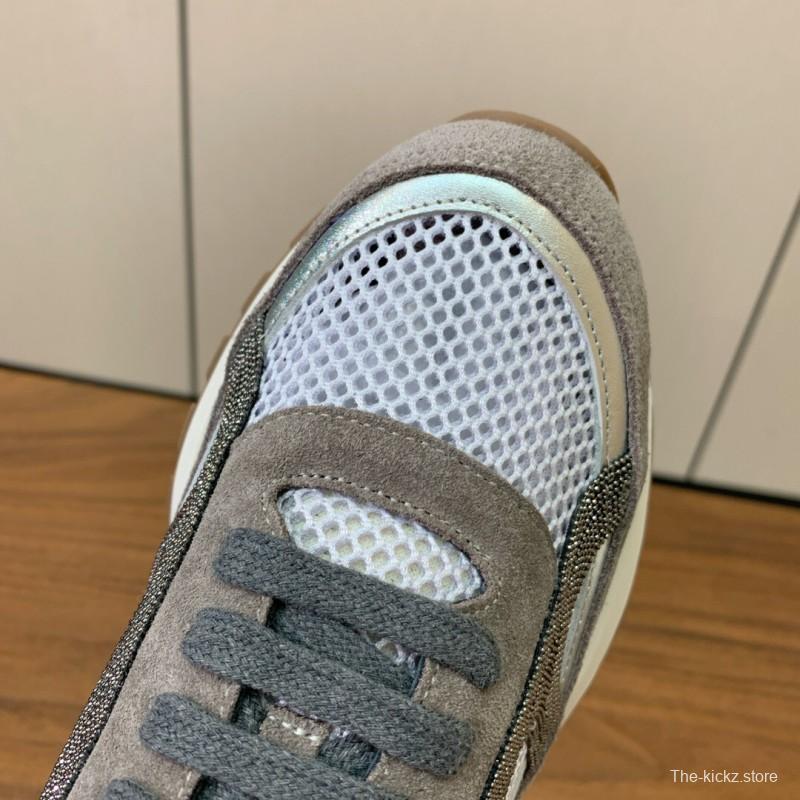 2025 Unisex Brunello Cucinelli Grey White Suede Mesh Leather Sneakers Handcrafted Beaded Chain KFY00310