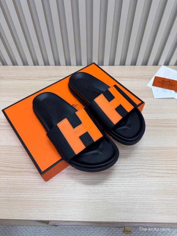 2025 Women Hermès Black Orange Leather Slippers
