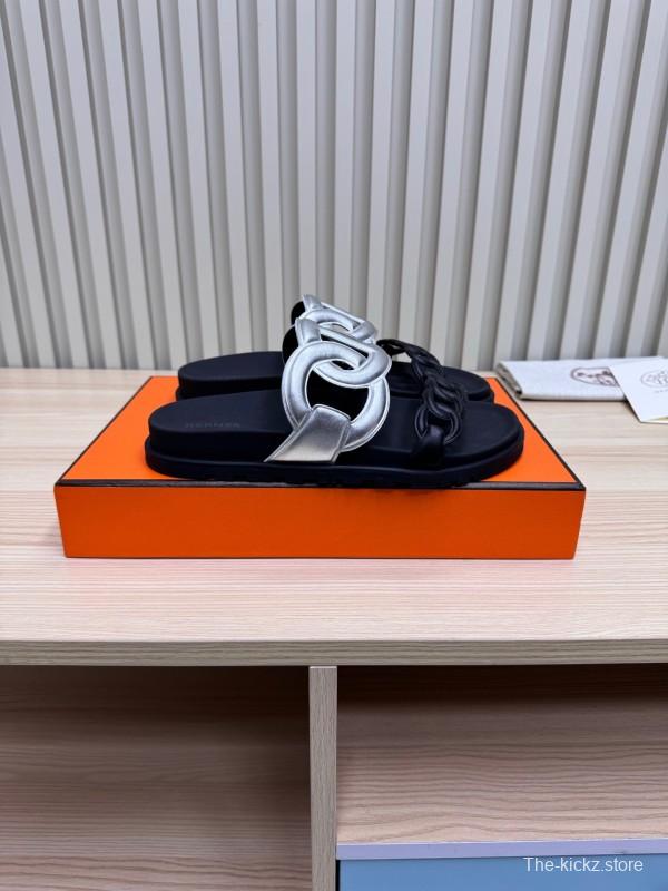 2025 Slippers Hermès Silver Black Leather Chain Decoration