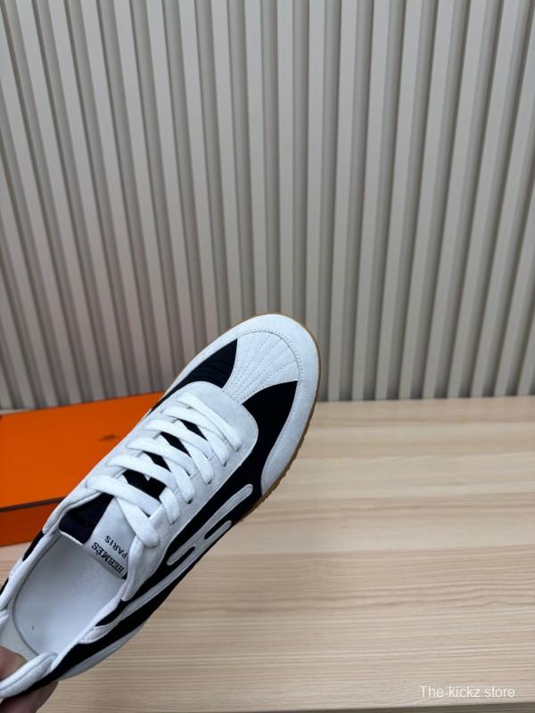 2025 Unisex Hermès White Black Suede Goat Leather Sneakers Top Version KFY00300