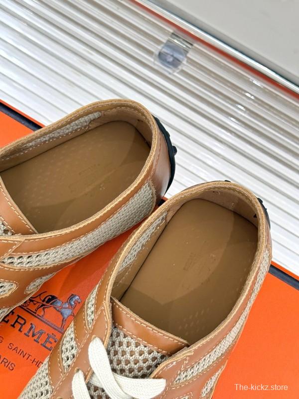 2025 Women Hermès Beige Brown Leather Mesh Casual Shoes