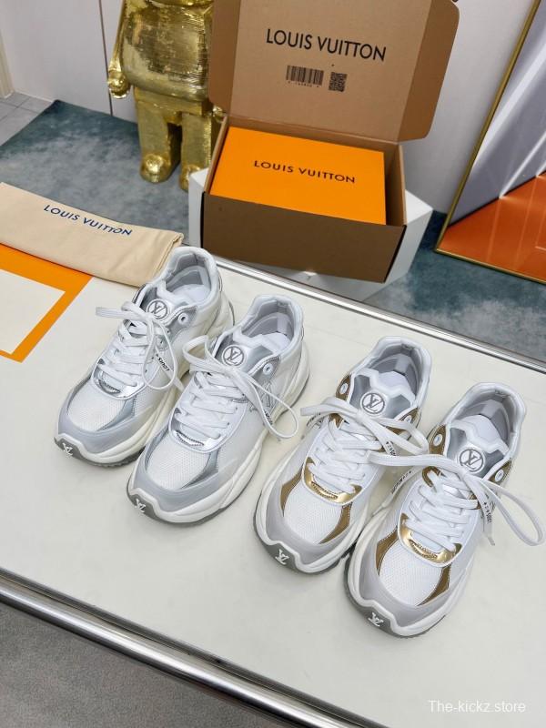 2025 Women Louis Vuitton White Grey Mesh Leather Sneakers LY00340