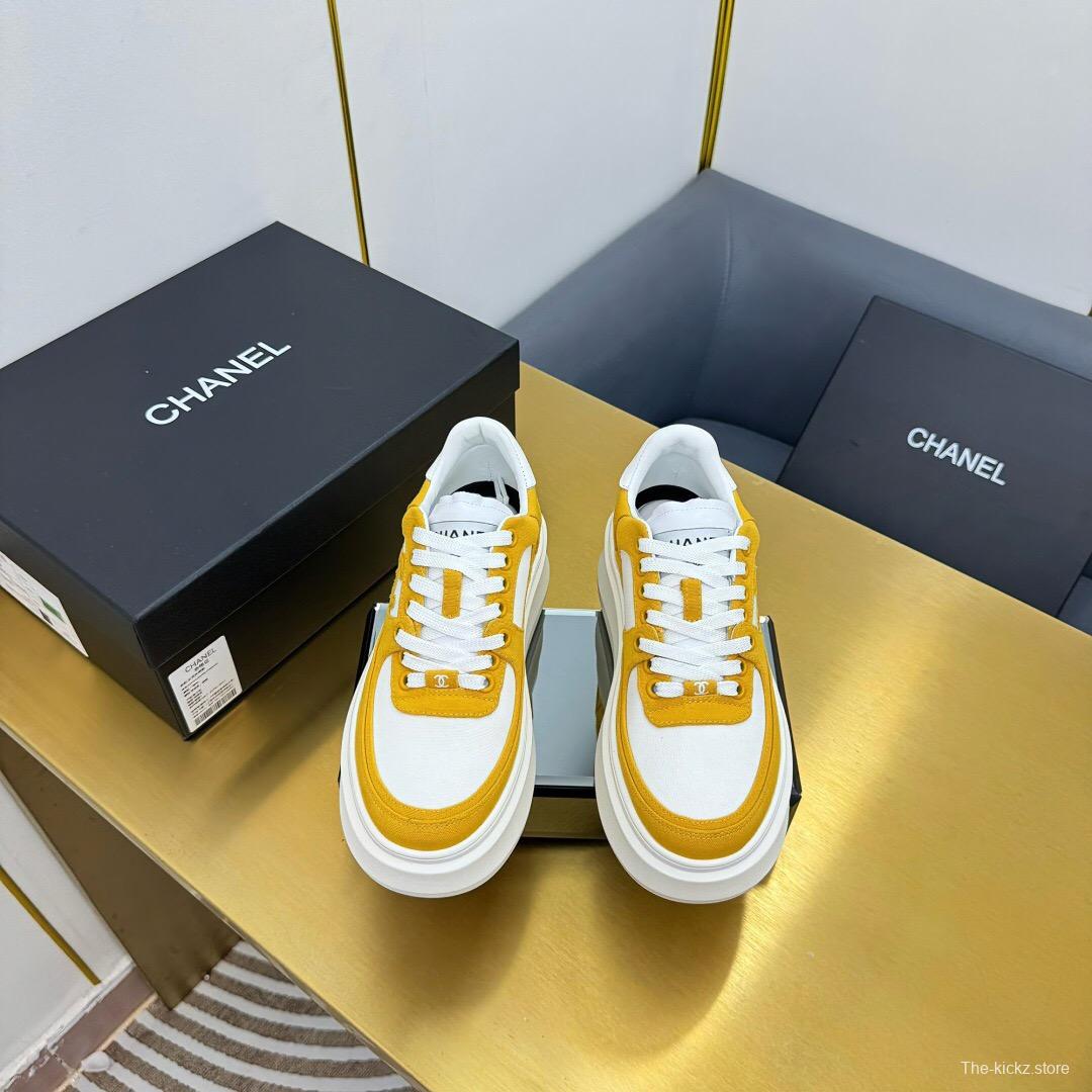2025 Women Chanel Yellow White Canvas Leather Platform Sneakers
