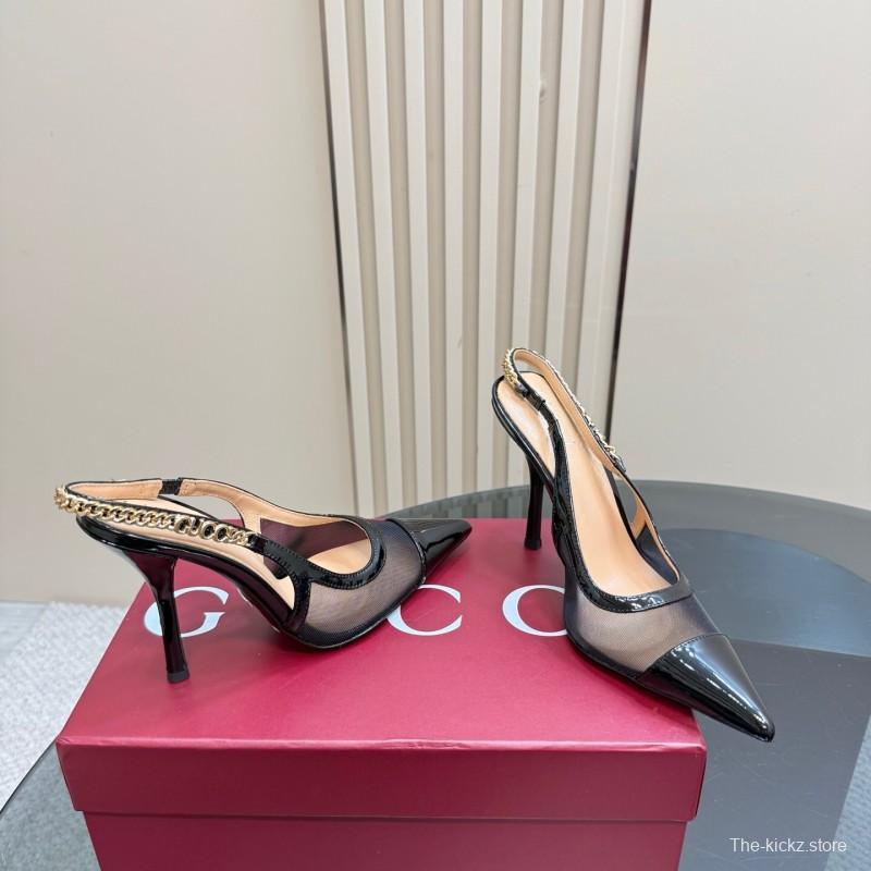 2025 Women Gucci Black Mesh Chain Strap High Heel Pumps KFY00300(F)