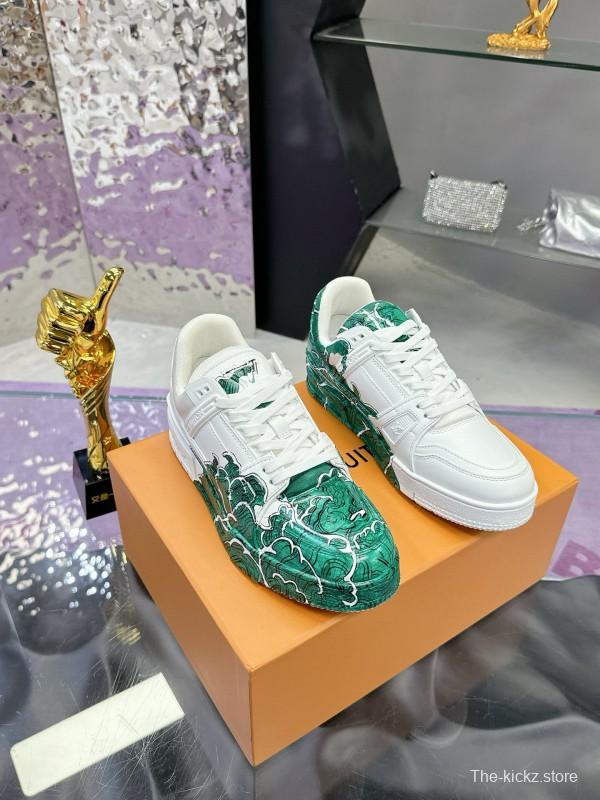 2024 Unisex Louis Vuitton Green White Leather Plimsolls Hand-Painted MJ00780