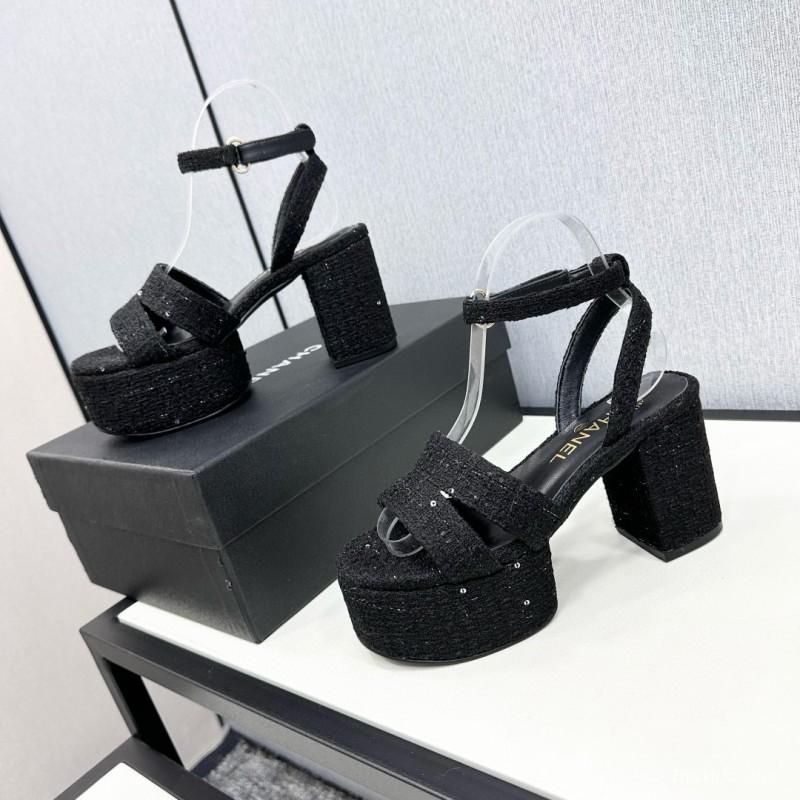2025 Women Chanel Black Fabric Platform Sandals MJ00310