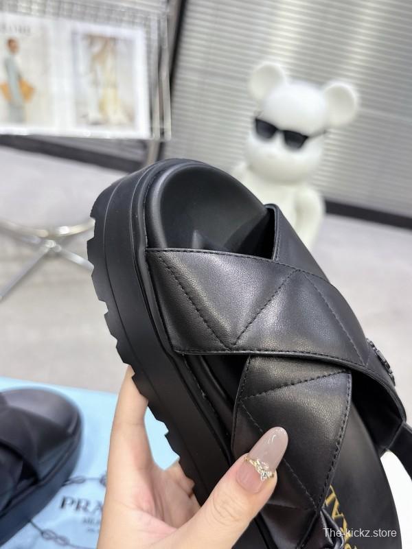 2025 Women Prada Black Leather Sandals