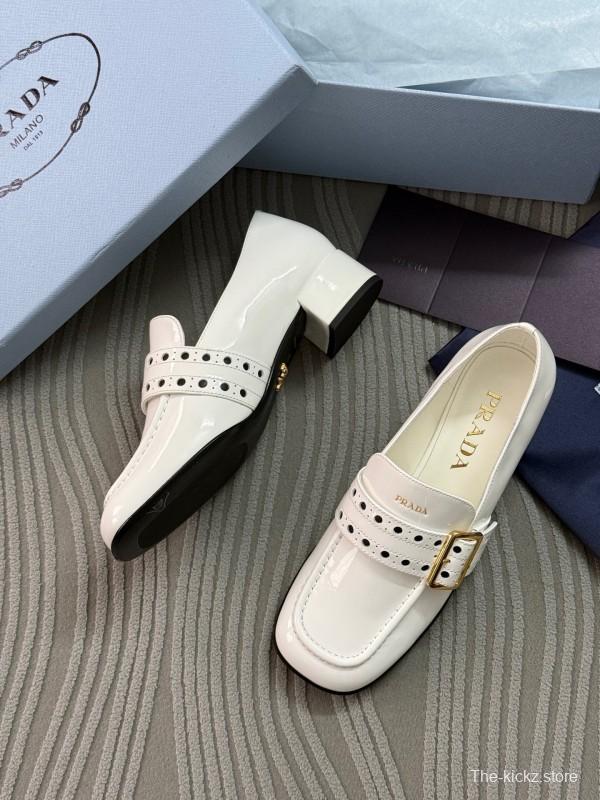 2025 Women Prada White Leather Loafers KFY00320