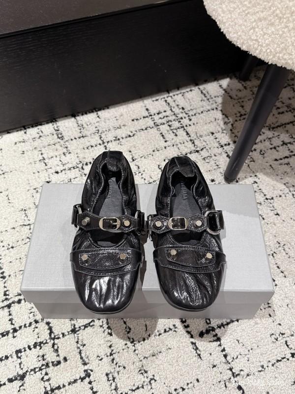 2025 Women Balenciaga Black Leather Ballet Shoes