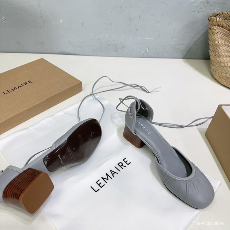 2025 Women LEMAIRE Light Grey Leather Mary Jane Block Heel KFY00300