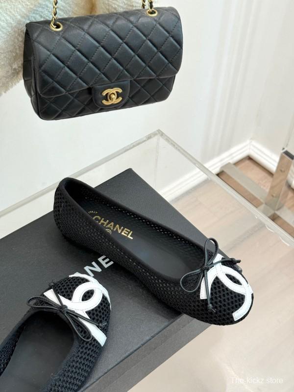 2025 Women Chanel Black White Mesh Leather Ballet Flats KFY00260