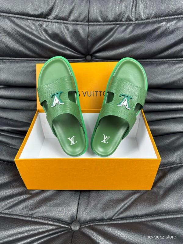 2025 Men Louis Vuitton Green Leather Slippers AS00170