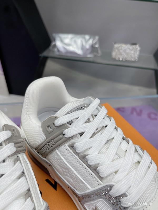 2025 Unisex Louis Vuitton White Silver Leather Fabric Plimsolls Handcrafted Crystals AS00400